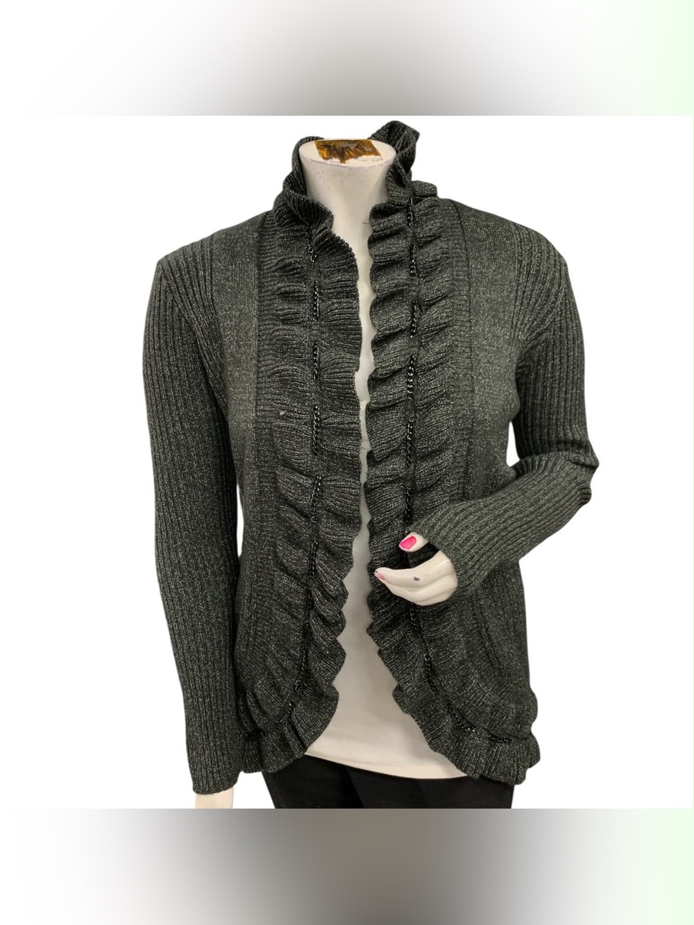 Point Zero Dark Gray Ruffle-Trim Open Cardigan Size XL